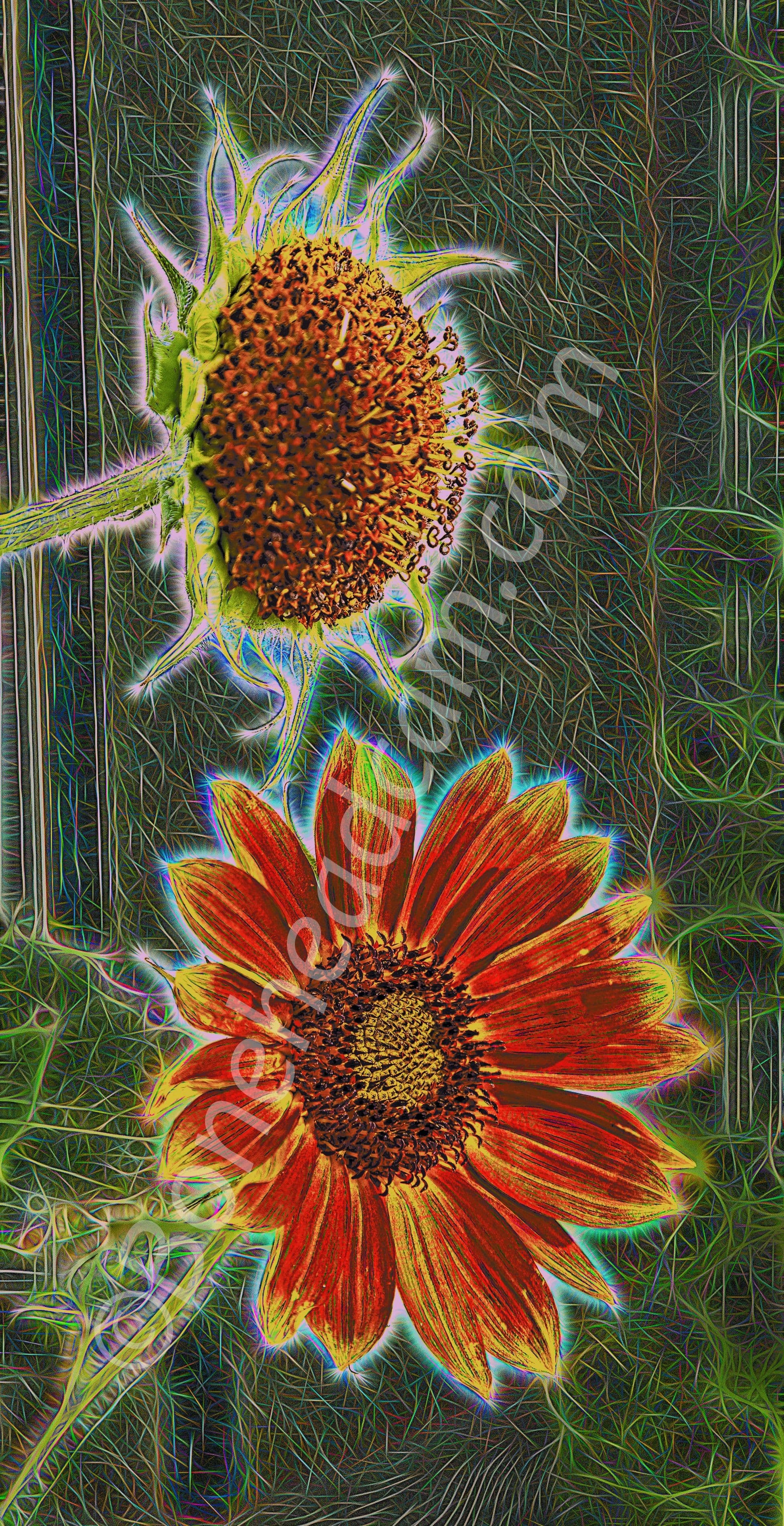 Large red sunflowers during and after petals appear. Line, fill and glow effects. 29 June 2020