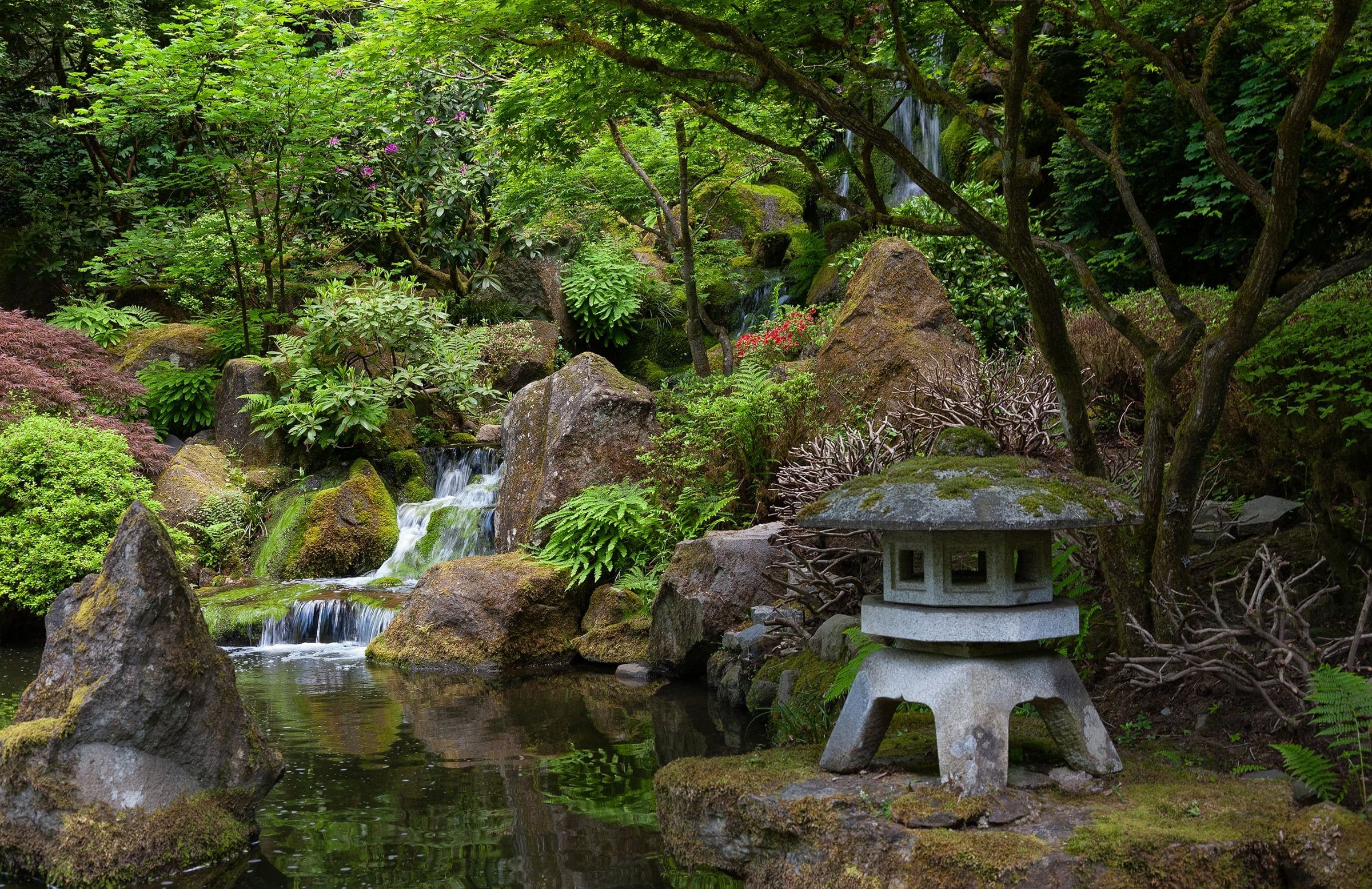 Mini pagoda at larger pond with waterfall. June 2011