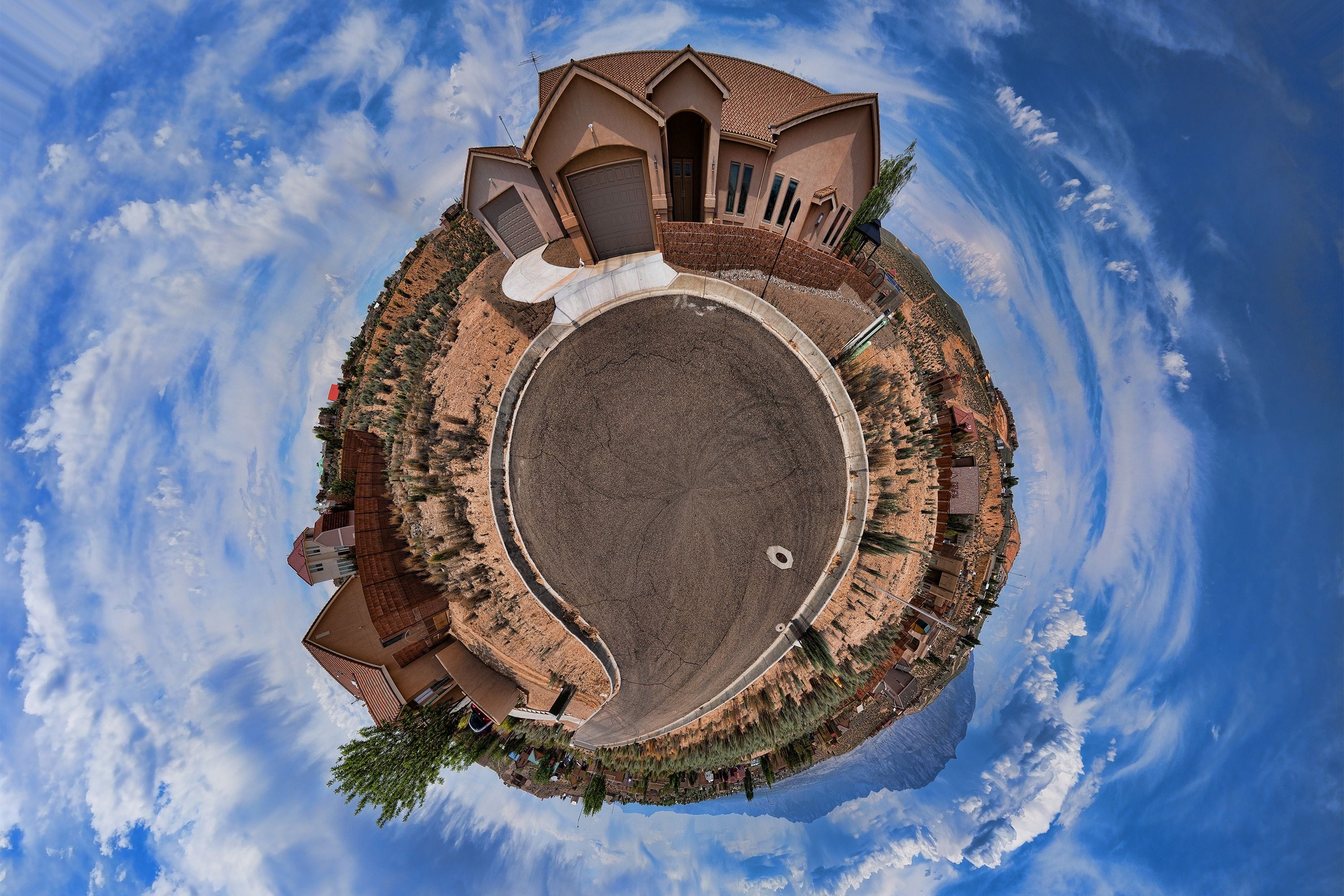 A 360 degree panorama trimmed to minimize visual artifacts at the “seam.” Wrapped with Polar Coordinates in Photoshop. 6 May 2017