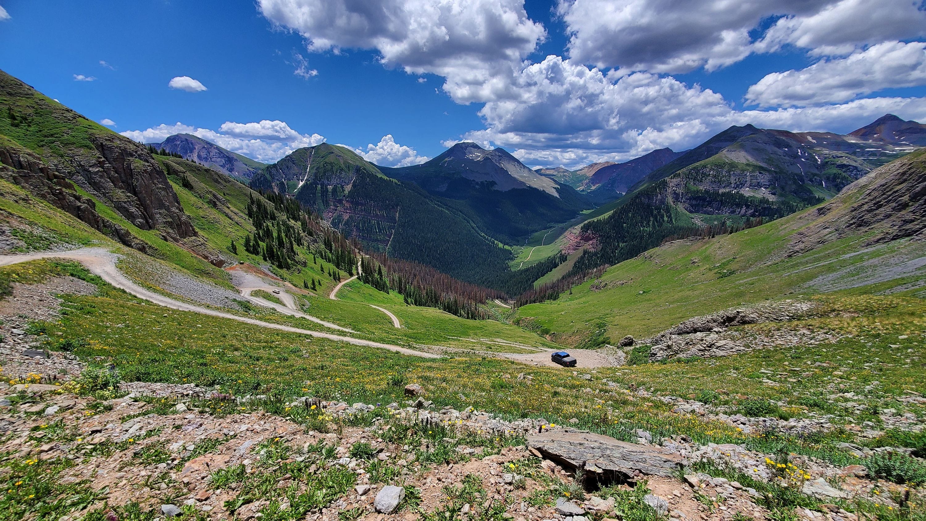 Crushed granite formed the base of the narrow road. Turnouts at each switchback provided for oncoming vehicles to pass each other.